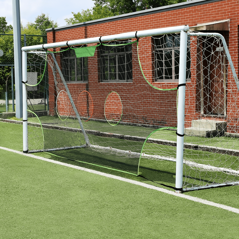 Soccer training target net featuring 5 precision holes, made of durable black nylon, designed for outdoor practice to improve shooting accuracy. 0